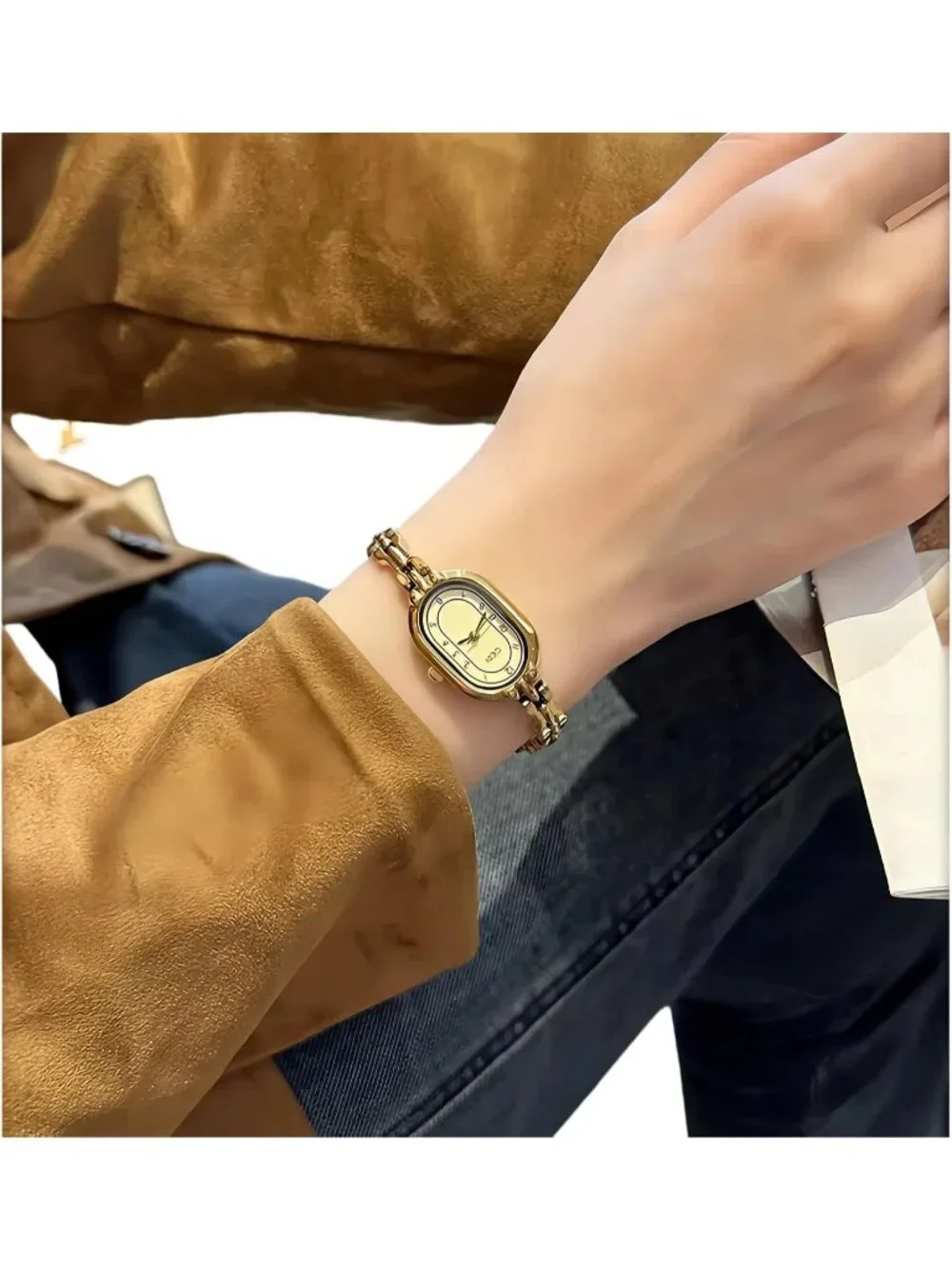 Women's Gold Oval Vintage Bracelet Small Quartz Dress Bangle Analog Wrist Watch